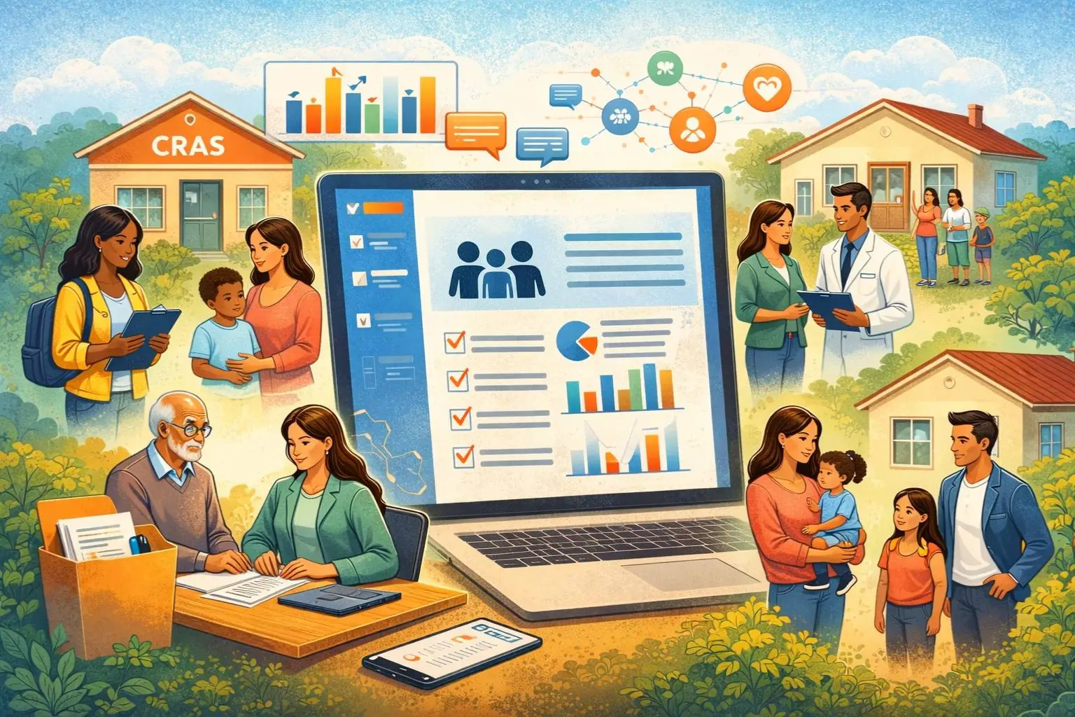 Ilustração de uma visita domiciliar e do registro do atendimento socioassistencial.