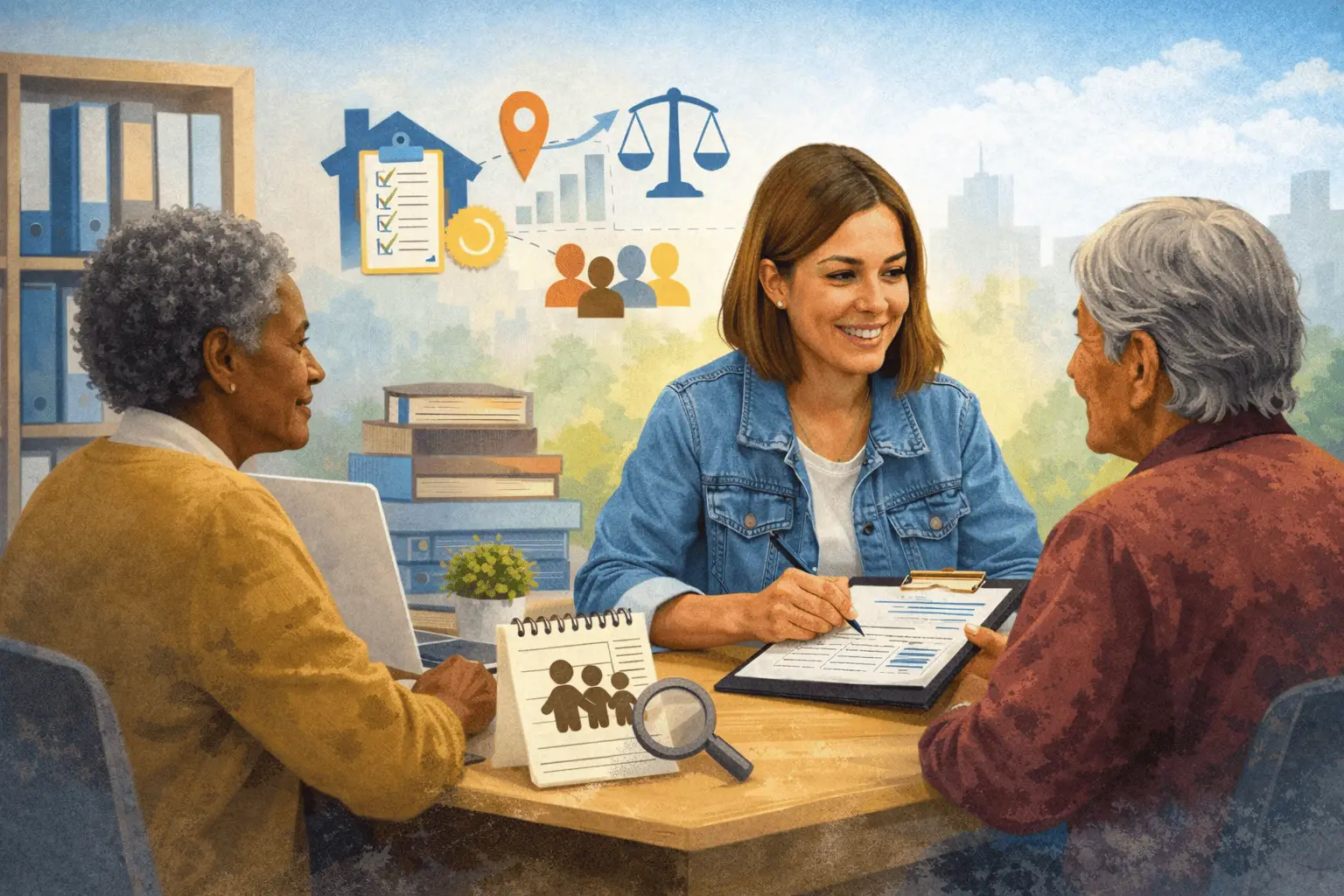 Ilustração de uma profissional em atendimento a duas pessoas idosas.
