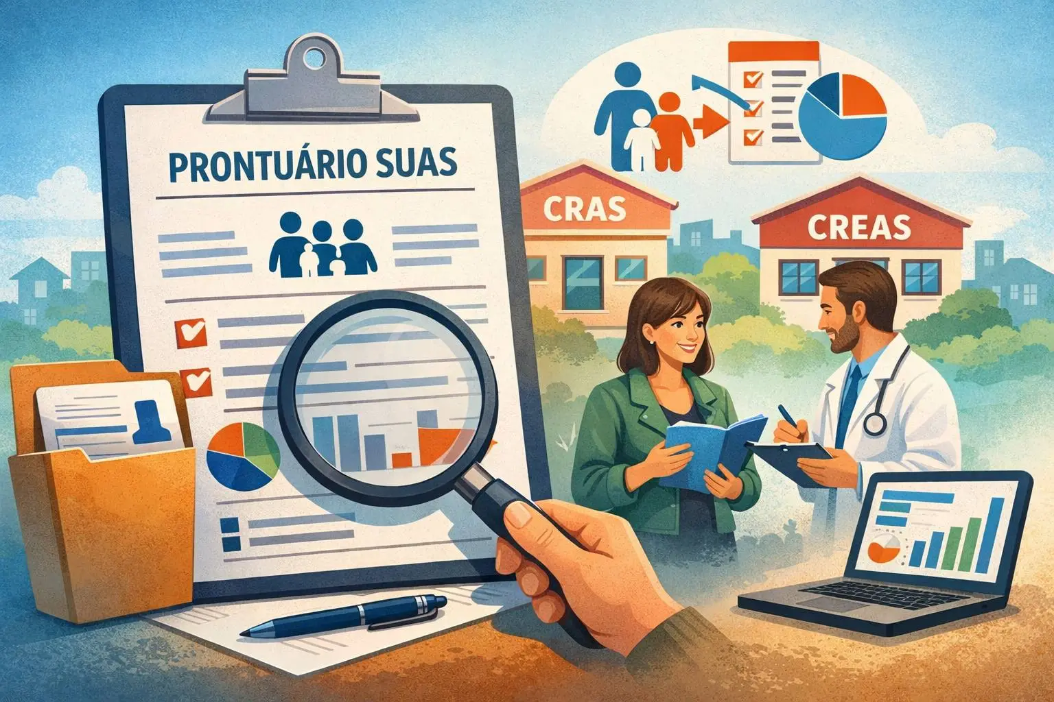 Ilustração de profissionais organizando informações e registros do acompanhamento familiar.