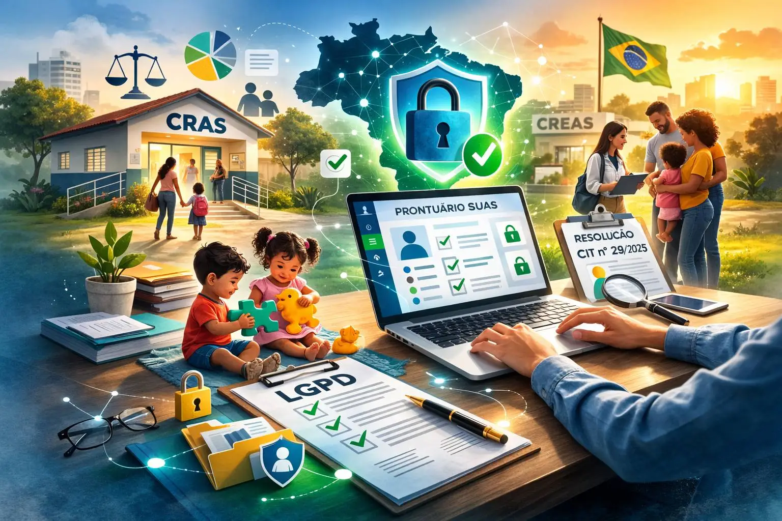 Ilustração sobre proteção de informações e segurança de registros socioassistenciais.