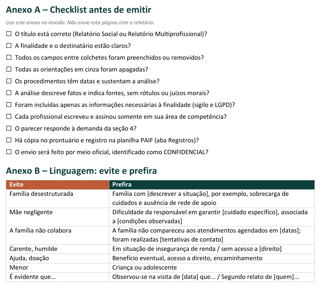 Recorte real do checklist de revisão do Relatório Social e do guia de linguagem com termos a evitar e alternativas de escrita