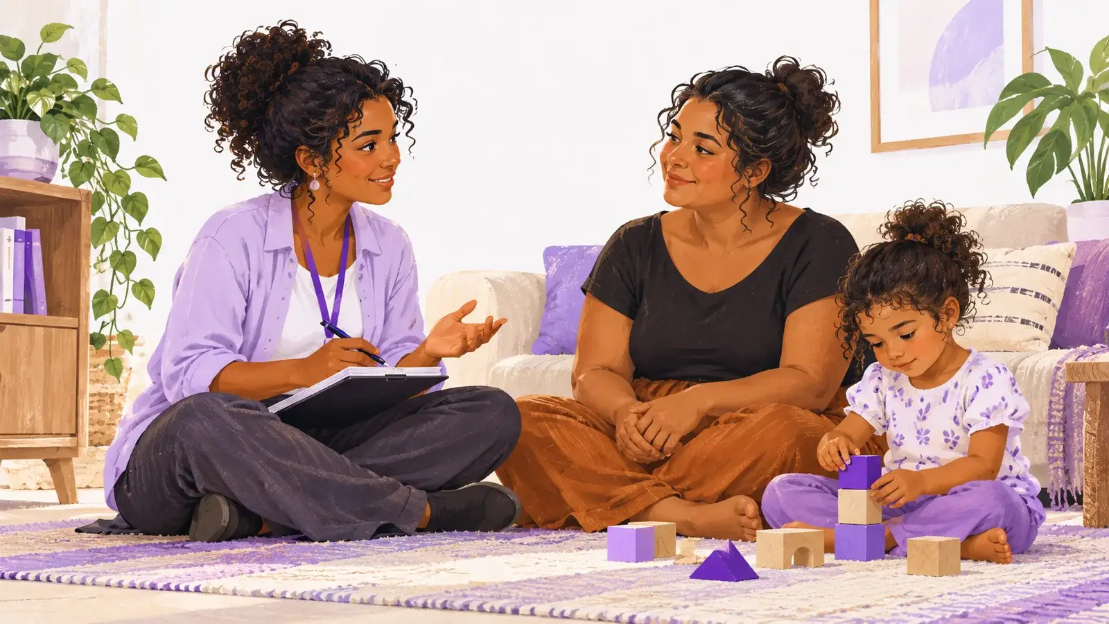 Ilustração de profissional conversando com cuidadora e criança durante uma visita domiciliar.