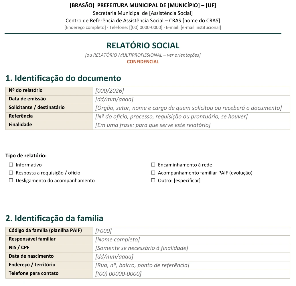 Recorte real do Modelo de Relatório Social em Word, com estrutura e campos de preenchimento em branco